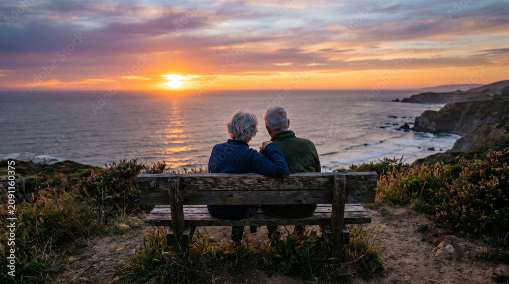 Fototapeta premium Elderly couple watching sunset over ocean from cliffside bench, enjoying peaceful moment