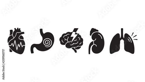 Set of Human Internal Organs Icons - Heart, Stomach, Brain, Kidney, Lung with Issues