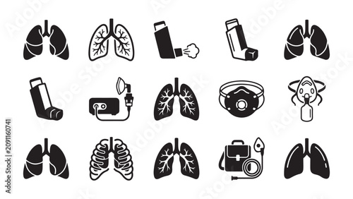 Lungs and Respiratory Care Icons Set - Asthma Inhalers, Nebulizer, and Oxygen Mask