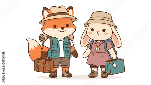 фотографія Adventure Awaits: A charming fox and a cute rabbit, dressed as explorers with hats and backpacks, ready for a journey, each holding a vintage suitcase, eager for new experiences and exploration