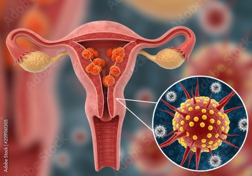 Human uterus with hpv virus illustration isolated on white background