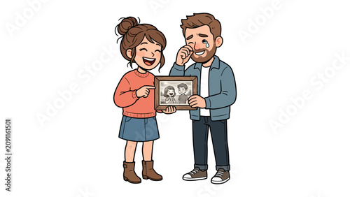 Vászonkép Nostalgic Moment: A young girl and a man, seemingly father and daughter, share a heartfelt moment looking at an old photograph, evoking a mix of happiness and bittersweet memories