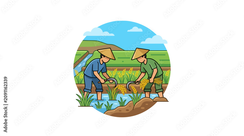 Fototapeta premium Farmers Harvesting Rice in Traditional Paddy Fields Illustration
