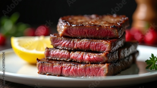 Stacked medium-rare seared steak slices with lemon garnish on white plate