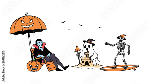 Photography Halloween Vacation: A humorous depiction of classic Halloween characters enjoying a day at the beach, complete with a vampire lounging under a jack-o'-lantern umbrella, a ghost building a sandcastle