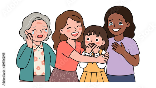 Fotografía Generational Embrace: A heartwarming scene captures four women of different ages and ethnicities sharing a moment of profound joy and connection