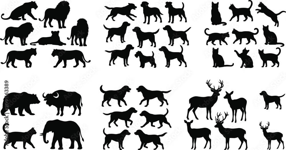 Obraz premium Wild animal silhouettes featuring lions, elephants, giraffes, camels, deer, buffalo, cats, and dogs in vector illustration