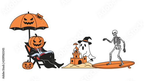 Photography Halloween Vacation on the Beach: A spooky yet fun scene depicts a vampire pumpkin character relaxing under an umbrella, a playful ghost building a sandcastle, and a skeleton surfing the waves