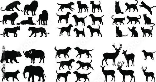 Photography Wild animal silhouettes featuring lions, elephants, giraffes, camels, deer, buff