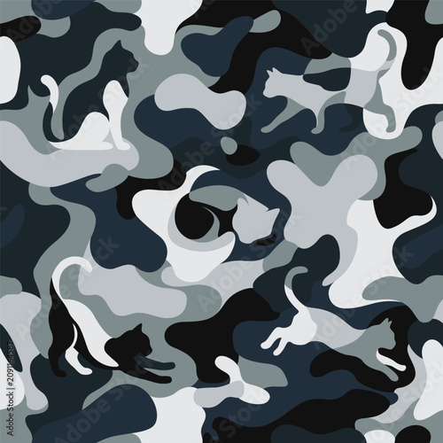 Schilderij op canvas Seamless vector pattern showing an urban gray camo print with hidden cat silhouettes
