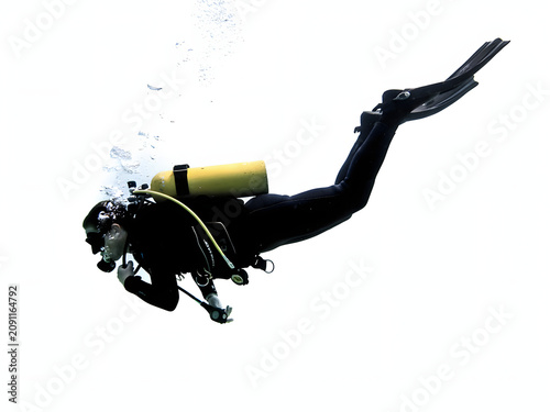 Scuba diver underwater with yellow tank and black wetsuit, isolated on white background