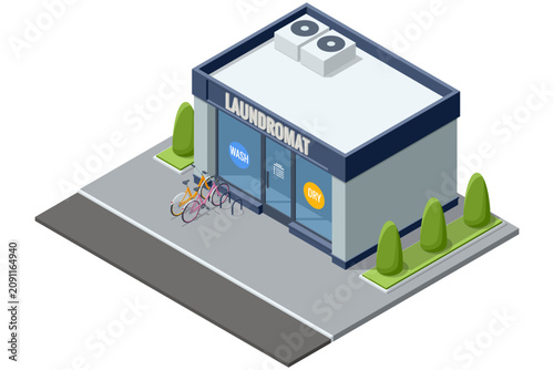 Isometric laundromat building exterior with wash and dry sign, glass entrance and bicycle parking, representing self service laundry business, neighborhood utility, public cleaning service and