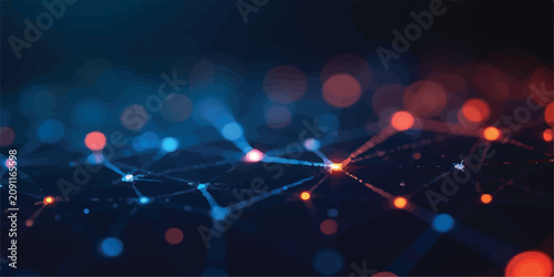 Fotografie Futuristic data network with glowing interconnected lines and bokeh nodes techno