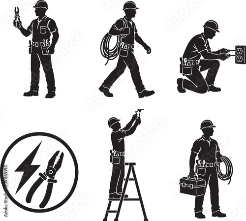Принти на полотні Electrician Black Silhouette Vector Icon Set Electrical Technician Professional