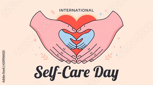 International self-care day hands with hearts illustration