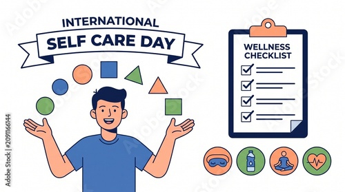 Man celebrating international self care day with wellness checklist