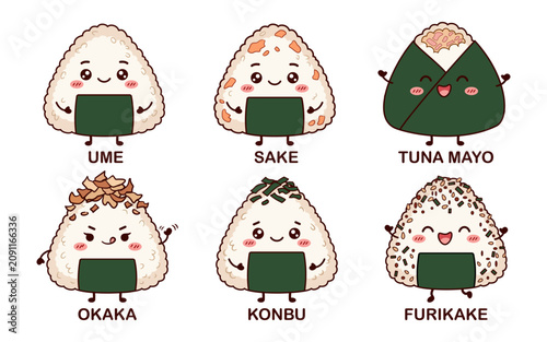 Cute Japanese onigiri character set with different flavors illustration