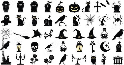 Set of various black halloween silhouettes including pumpkins cats ghosts skulls witches hats ravens and other spooky holiday design elements