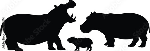 Photos Black silhouettes of three hippopotamuses, including a baby, on a white backgrou