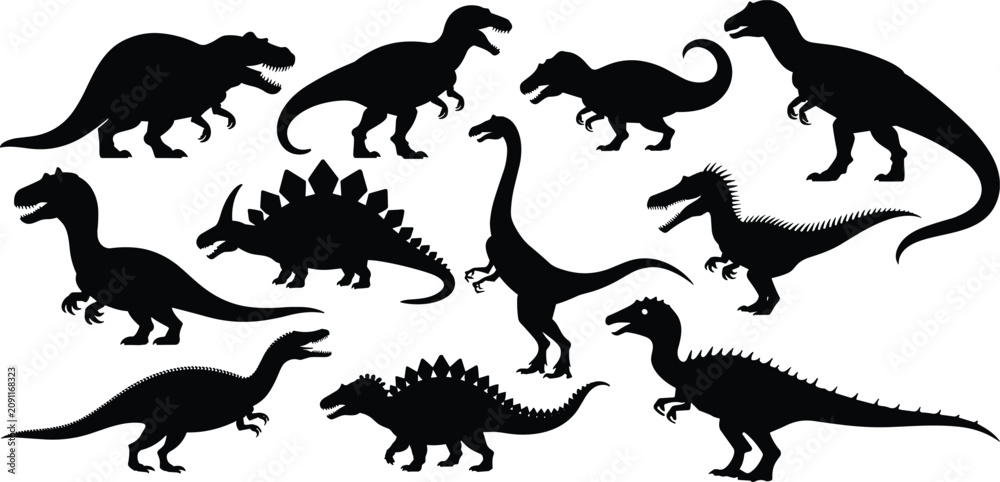 Obraz premium Collection of Black Dinosaur Silhouettes on White Background prehistoric ancient