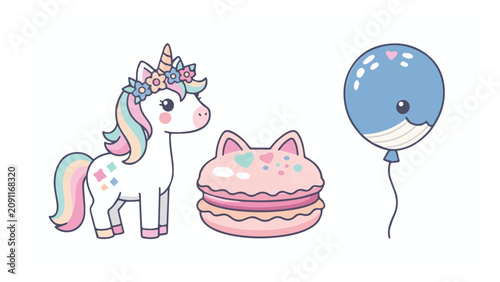 Cute whimsical unicorn with rainbow mane pink macaron and blue balloon on light background for children's party decor and celebration