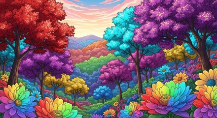 Crédence de cuisine Bordeaux Colorful rainbow forest landscape with vibrant trees and flowers.  © Angga
