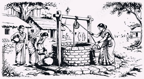 Tableau sur toile Village water well scene featuring women drawing water brick structure bucket r