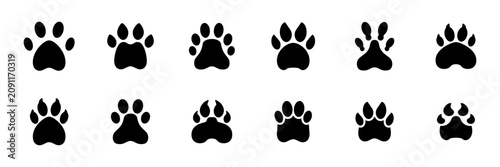 Conjunto de iconos de huellas de animales. Representa rastros de mascotas y fauna. Incluye diferentes tipos de pisadas. Ilustración vectorial