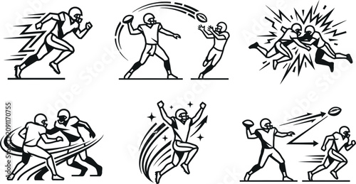 Canvastavla Set of american football player silhouettes in action with football, american