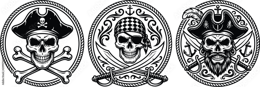 Obraz premium Pirate Skull Emblem Collection With Nautical Vintage Decorative Designs