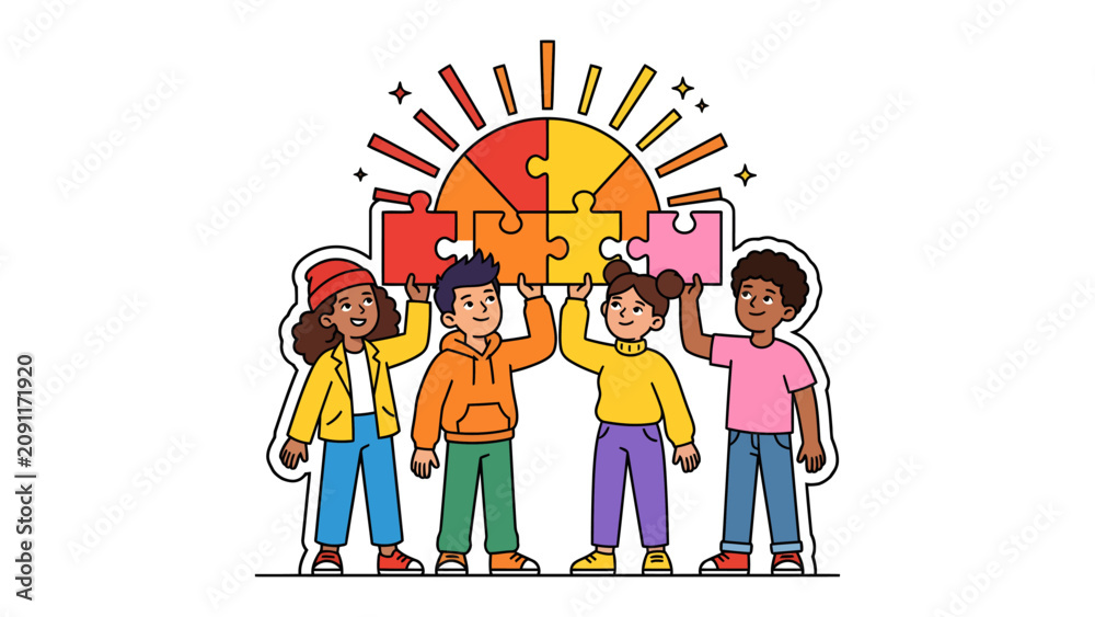 Fototapeta premium Unity in Diversity: Four children from diverse backgrounds come together, holding puzzle pieces that form a radiant sun, symbolizing collaboration and shared dreams.