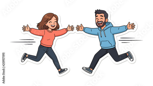 Obraz na plátne Joyful Reunion: A happy couple, one a woman and the other a man, rush towards each other with open arms for a warm embrace, their faces beaming with excitement and affection
