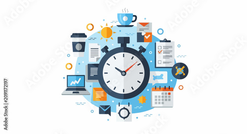 Effective Time Management and Productivity Concept Illustration with Stopwatch, Calendar, and Business Workspace Icons for Workflow Optimization