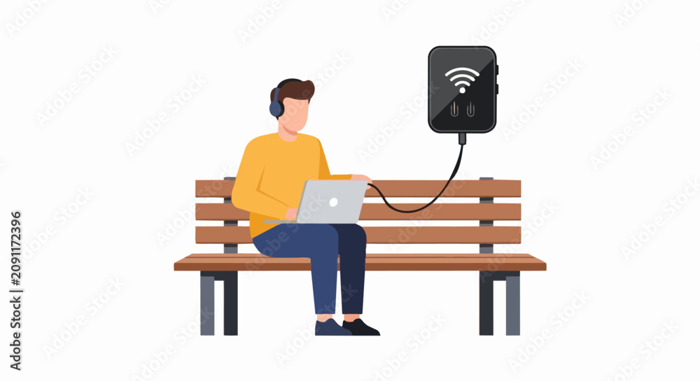 Fototapeta premium Digital Nomad Man Working on Laptop in Park with Portable Wi-Fi and Power Bank - Remote Work and Connectivity Concept Vector Illustration