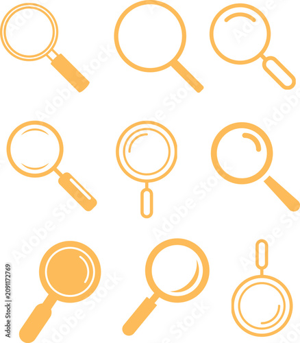 Magnifying glass icon set for search and zoom interface design elements in vector format isolated on white background simple loupe symbol collection. Magnifying glass vector icon set in outline and,