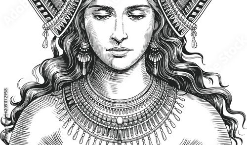 Bild auf Leinwand Vintage goddess portrait vector, mystical woman with ornate crown and ethnic jew