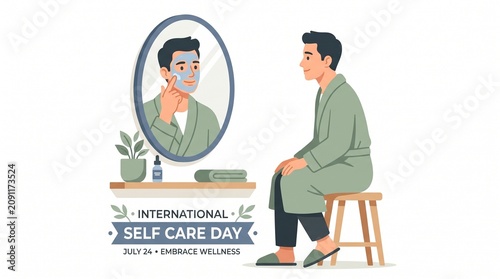Man practicing self-care looking in mirror