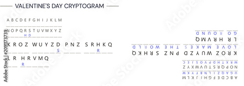 Substitution cipher puzzle with alphabet key, coded message for Valentine's Day fun. Substitution cipher challenge involves letter mapping for secret message decryption.