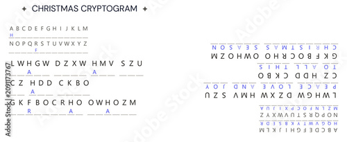 Christmas cryptogram puzzle presented with substitution cipher, alphabet key, and coded message. This engaging Christmas cryptogram features decoding challenge for holiday season fun.