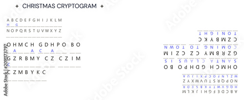 Christmas substitution puzzle on white background, showing encrypted messages and decoded solutions. Complex substitution puzzle features alphabet key for cracking secret codes.