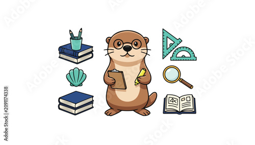 Cute cartoon otter holding a clipboard with school supplies and educational accessories.