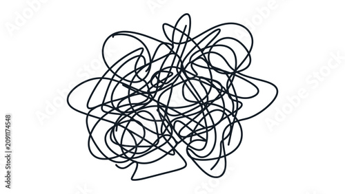 Chaotic tangled scribble vector illustration with messy black line doodle for confusion and anxiety