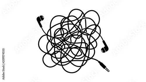 Tangled earphones vector icon with messy knotted cable and audio jack plug for music and technology concepts