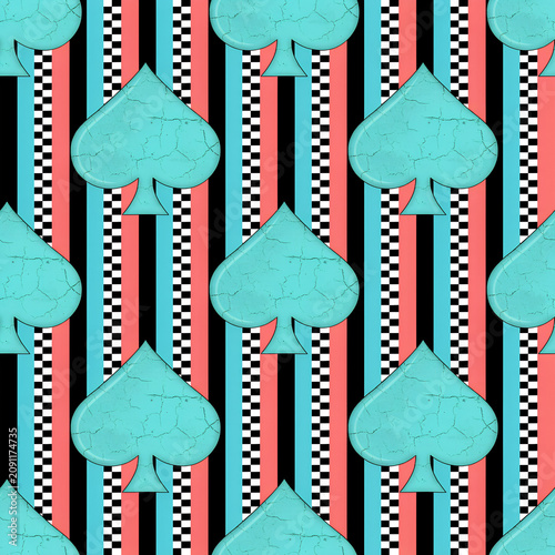 A seamless pattern of light blue spade symbols with a cracked, weathered texture set against a background of vertical stripes in black, white, coral, and teal
