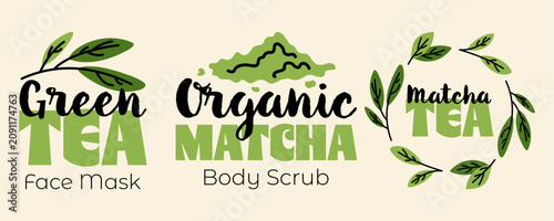 Matcha green tea cosmetic and beverage hand drawn logos set