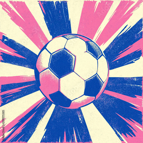 Soccer ball sits centered with dynamic pink and blue pop art rays. The graphic uses distressed textures and bold color contrast for a vintage poster look.
