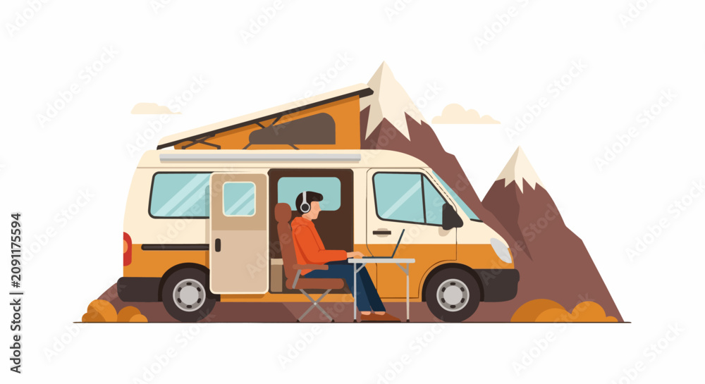 Obraz premium Digital Nomad Working on Laptop Outside Camper Van in Mountains - Flat Vector Illustration of Remote Work Lifestyle