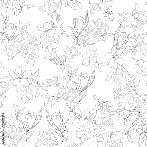 seamless outline floral pattern on white  background.