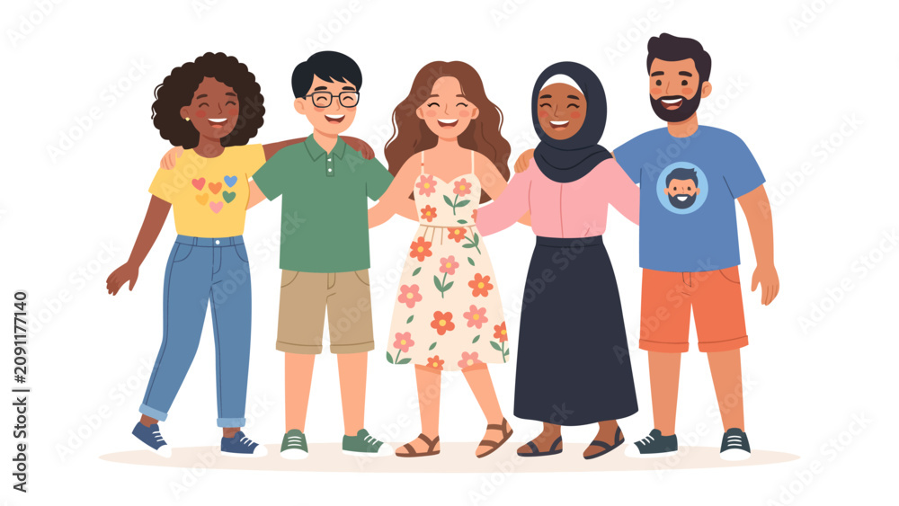 Obraz premium A Tapestry of Friendship: Five individuals, representing diverse backgrounds and cultures, stand arm-in-arm, radiating warmth and connection in a celebration of unity and belonging.