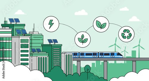 Eco friendly smart city landscape with sustainable infrastructure and green energy.